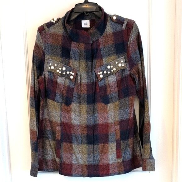 CAbi #3555 Collage Plaid Jacket Shacket Med Pearl Accents Full Zip Cotton EUC - Picture 1 of 4